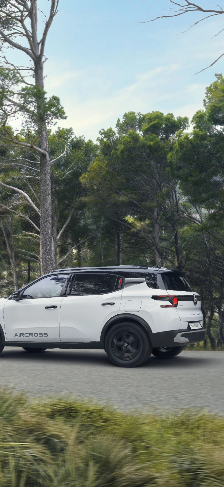 Vista frontale e posteriore a tre quarti in guida della Citroën C3 Aircross SUV su un sentiero forestale che mette in evidenza le prestazioni robuste per una mobilità sicura, versatile e conveniente.